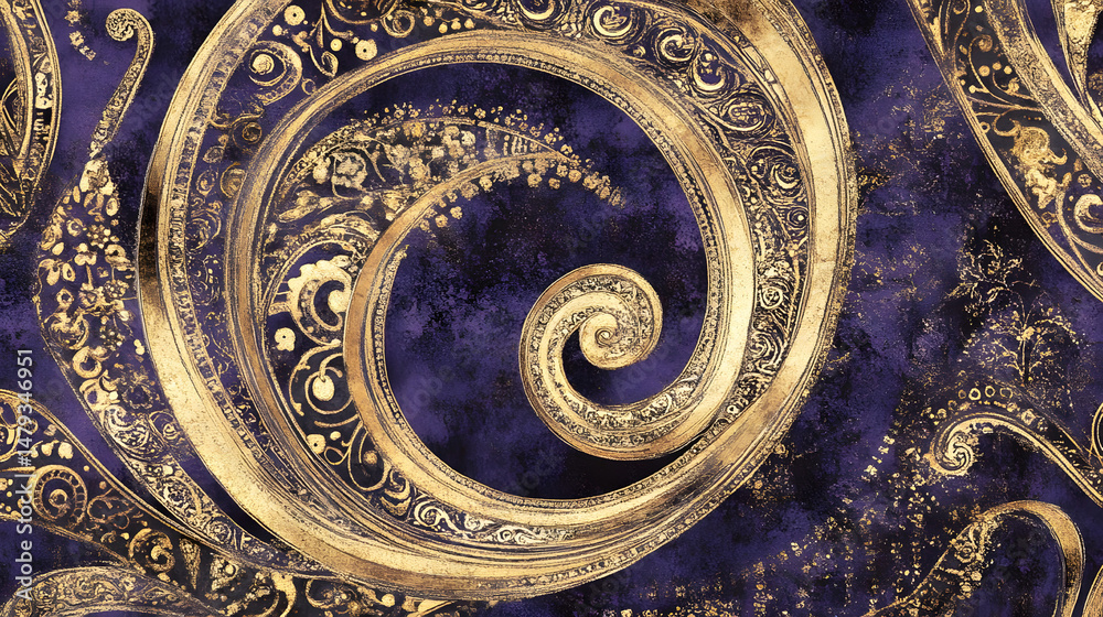 Golden Swirls: Abstract Purple Art