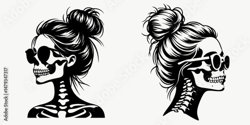 Female Skeleton with Messy Bun Sunglasses. Clipart silhouette vector illustration. Woman cranium figure sporting eyewear in a loose hairdo Halloween theme.