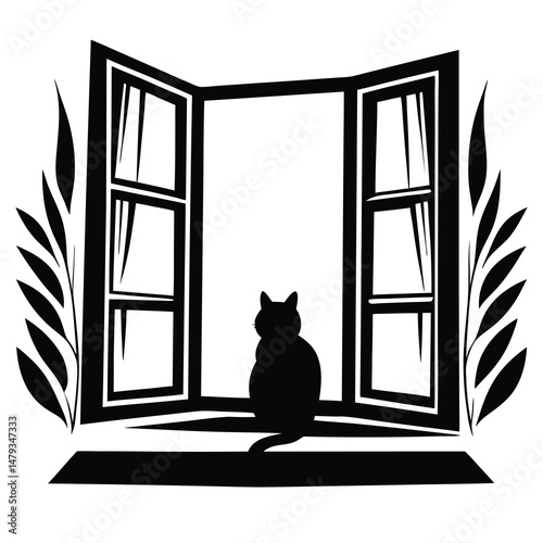 Silhouette of a Cat Sitting on a Window Sill Contemplating the View from an Open Window with Curtains and Ornamental Plants