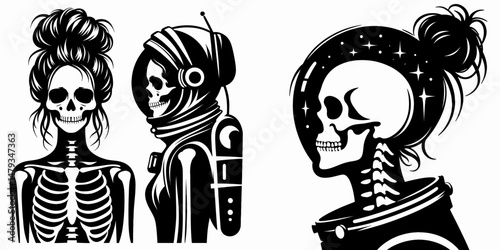 Female Skeleton with Messy Bun Astronaut. Clipart silhouette vector illustration. Woman skull disheveled hair up cosmonaut garb astronomy theme.