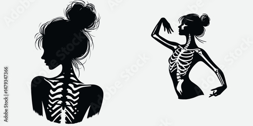 Female Skeleton with Messy Bun Ballerina. Clipart silhouette vector illustration. Gracile bony dancer untidy chignon artist in a death motif concept.