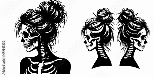 Female Skeleton with Messy Bun Zombie. Clipart silhouette vector illustration. Undead woman cranium casual chignon decayed frightening revenant.