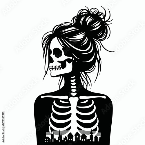 Female Skeleton with Messy Bun Building. Clipart silhouette vector illustration. Anatomical form updo constructing edifice artistic design.