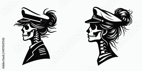 Female Skeleton with Messy Bun Captain. Clipart silhouette vector illustration. Dead woman pirate leader untidy hair knot bone anatomy.