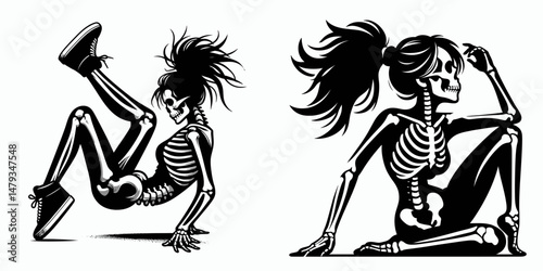 Female Skeleton with Messy Bun Breakdancing. Clipart silhouette vector illustration. Woman bones disarrayed hairdo acrobatic dance action halloween art.