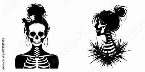 Female Skeleton with Messy Bun Christmas. Clipart silhouette vector illustration. Woman cranium having untidy chignon yuletide season holiday adornment.