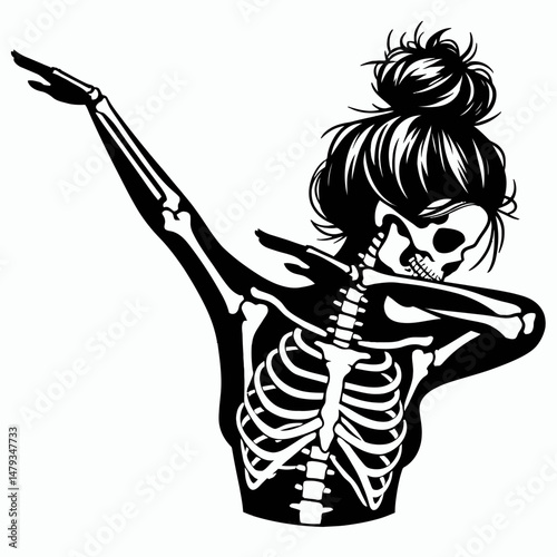 Female Skeleton with Messy Bun Dabbing. Clipart silhouette vector illustration. Lady skull tousled topknot gesturing humor anatomy artwork image.