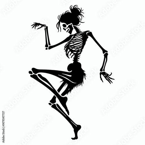 Female Skeleton with Messy Bun Dancing Skeleton. Clipart silhouette vector illustration. bony figure undone chignon joyful jig spooky halloween motif.