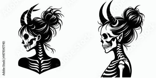 Female Skeleton with Messy Bun Demon. Clipart silhouette vector illustration. Woman skull disarrayed hairstyle fiend apparition horror occult figure.
