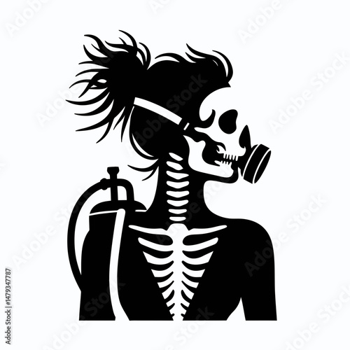 Female Skeleton with Messy Bun Diver. Clipart silhouette vector illustration. Woman osseous untidy topknot plunging into aquatic realm.
