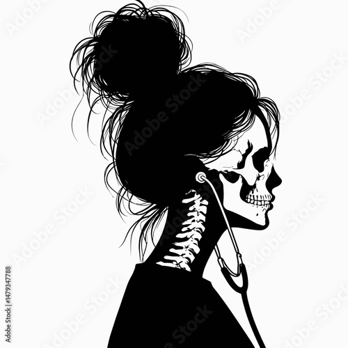 Female Skeleton with Messy Bun Doctor. Clipart silhouette vector illustration. Woman bony figure untidy hairstyle medic anatomical drawing medical profession.