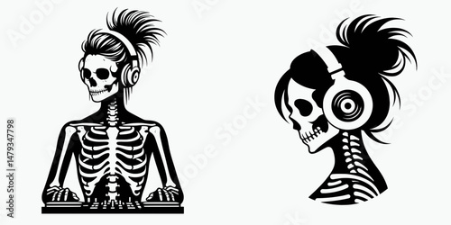 Female Skeleton with Messy Bun DJ. Clipart silhouette vector illustration. Lady cranium hairstyle disc jockey a skull spinning music.