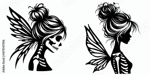 Female Skeleton with Messy Bun Fairy. Clipart silhouette vector illustration. Woman bony structure adorned coiled hair pixie enchanted undead theme.