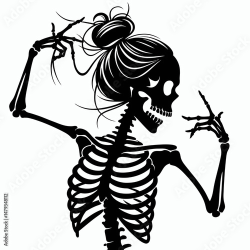 Female Skeleton with Messy Bun Flossing Dance. Clipart silhouette vector illustration. Woman skull figure exhibiting popular boogie casual hair knot dental hygiene.