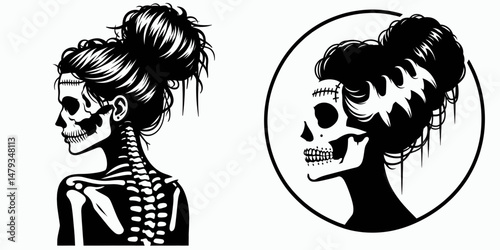 Female Skeleton with Messy Bun Frankenstein. Clipart silhouette vector illustration. Undead woman anatomy illustration disheveled coiffure horror creature.