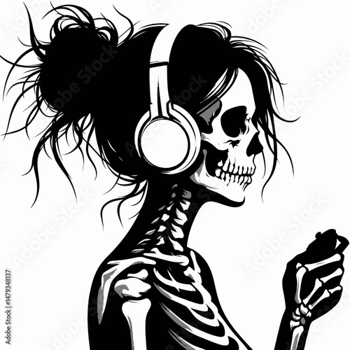Female Skeleton with Messy Bun Gaming. Clipart silhouette vector illustration. Womanly bony anatomy untidy topknot enjoying virtual reality play.