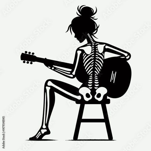 Female Skeleton with Messy Bun Guitar Playing. Clipart silhouette vector illustration. bony figure untidy chignon rock music instrument performing.