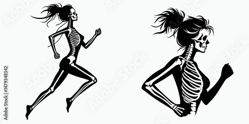Female Skeleton with Messy Bun Jogging. Clipart silhouette vector illustration. Woman bones figure in athletic wear running having unkempt hairdo workout.