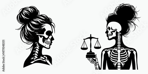 Female Skeleton with Messy Bun Judge. Clipart silhouette vector illustration. Feminine bony figure disheveled chignon adjudicator of justice.
