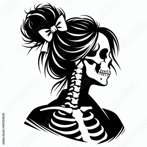 Female Skeleton with Messy Bun Karate. Clipart silhouette vector illustration. Woman bone structure in disarrayed coil practicing martial art combat.