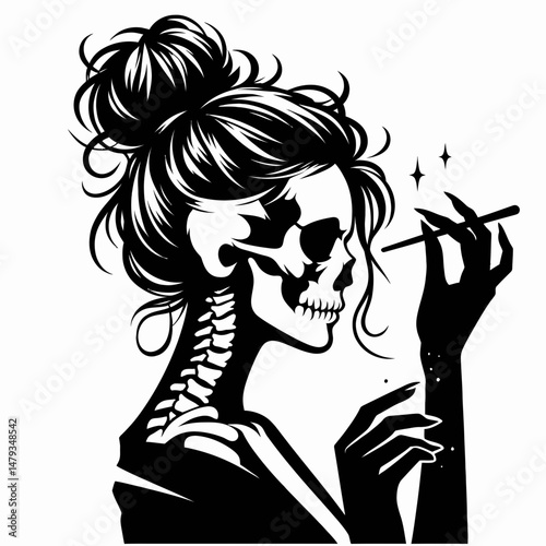 Female Skeleton with Messy Bun Magician. Clipart silhouette vector illustration. Spooky sorceress lady bone mystic disheveled coiffure enchantment.