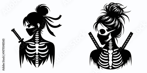Female Skeleton with Messy Bun Ninja. Clipart silhouette vector illustration. Undead dame sporting disheveled chignon warrior of shadow bone anatomy.