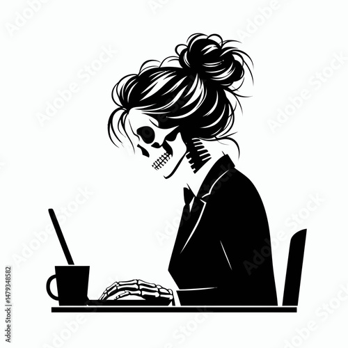Female Skeleton with Messy Bun Office Worker. Clipart silhouette vector illustration. Undead lady disarrayed hairdo clerical job conceptual illustration.