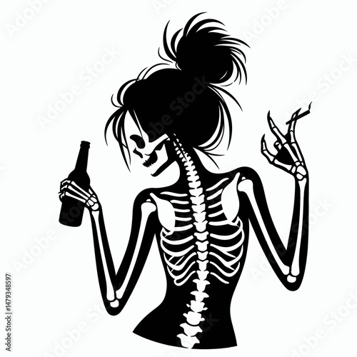 Female Skeleton with Messy Bun Partying. Clipart silhouette vector illustration. Lady cranium enjoying gala celebration disheveled hairstyle adornment.