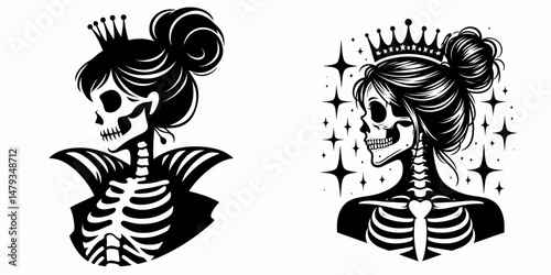 Female Skeleton with Messy Bun Prince. Clipart silhouette vector illustration. Undead woman frame disheveled coil hairstyle regal ruler concept.