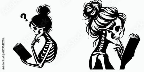 Female Skeleton with Messy Bun Reading. Clipart silhouette vector illustration. Womans bony remains coiled hairdo immersed in literature study pose.