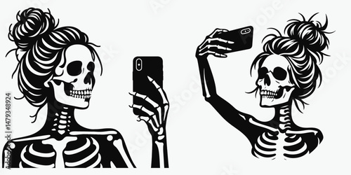 Female Skeleton with Messy Bun Selfie. Clipart silhouette vector illustration. Feminine bony image disheveled hairdo photograph skull portrait for halloween.