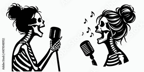 Female Skeleton with Messy Bun Singing. Clipart silhouette vector illustration. Woman bones untidy hairdo belting tune macabre choral art concept.