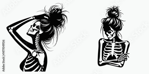 Female Skeleton with Messy Bun Stretching. Clipart silhouette vector illustration. Woman bony figure undone hair extending limb anatomical illustration.