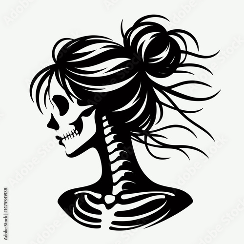 Female Skeleton with Messy Bun Streamer. Clipart silhouette vector illustration. Lady cranium figure untidy chignon ribbon decor spooky halloween concept.