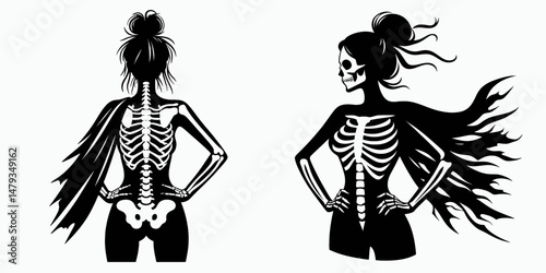 Female Skeleton with Messy Bun Superhero. Clipart silhouette vector illustration. Bone woman untidy chignon heroic defender saving humanity art.