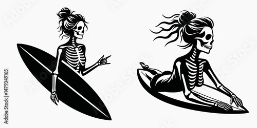 Female Skeleton with Messy Bun Surfing. Clipart silhouette vector illustration. Lady bony structure disheveled hairdo riding ocean wave aquatic activity.