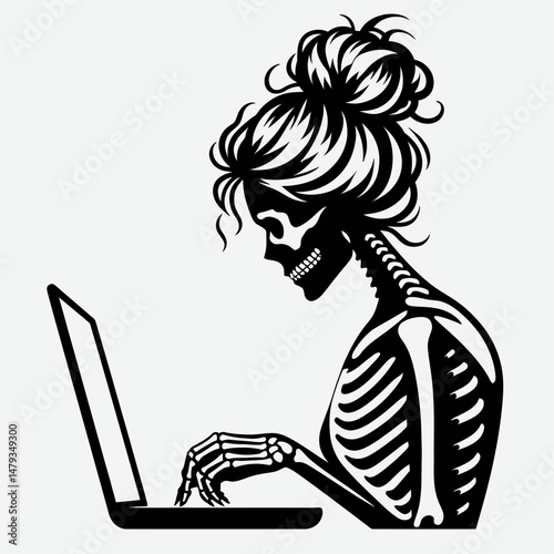 Female Skeleton with Messy Bun Typing. Clipart silhouette vector illustration. Womans bony frame disheveled coiffure using a digital device for communication.