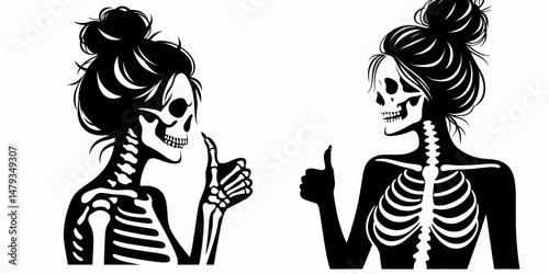Female Skeleton with Messy Bun Thumbs Up. Clipart silhouette vector illustration. Woman cranium untidy coil gesture approval icon anatomy clip-art.