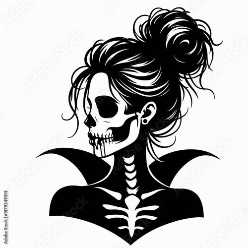Female Skeleton with Messy Bun Vampire. Clipart silhouette vector illustration. Undead woman disheveled hairdo bloodsucker cranium figure.