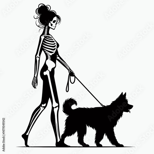 Female Skeleton with Messy Bun Walking Dog. Clipart silhouette vector illustration. Bony woman disheveled hair knot leading canine pet during stroll.