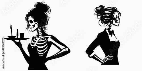 Female Skeleton with Messy Bun Waiter. Clipart silhouette vector illustration. Skull dame in a bun dining service bony server spooky occupation.