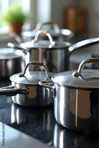 Cooking pots in a modern kitchen setting close-up stainless steel bright natural light culinary preparation
