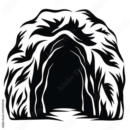 Mysterious Dark Cave Entrance Hidden in Overgrown Vegetation Mysterious Black and White Illustration