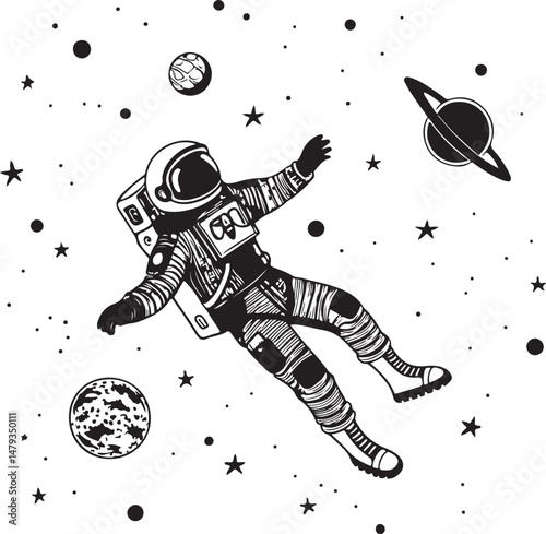Hand Drawn Astronaut Floating in Outer Space with Planets and Stars – Black and White Vector Illustration