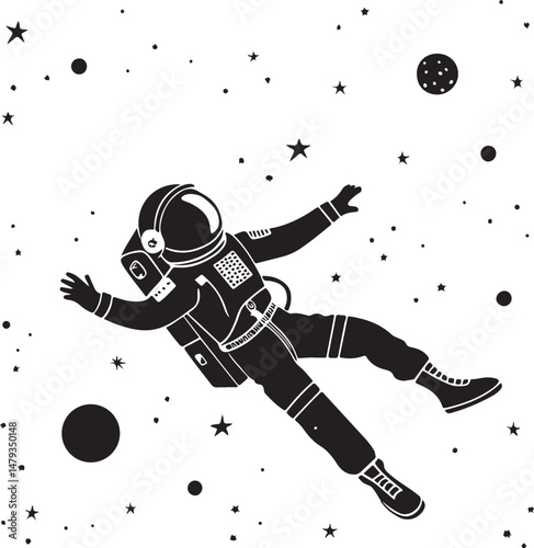 Silhouette Astronaut Floating in Space with Stars and Planets – Vector Line Art Illustration