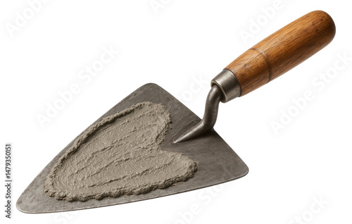 A metal masonry trowel with a wooden handle holding wet concrete shaped like a heart on transparent background.