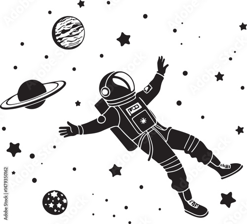 Astronaut Floating Among Planets and Stars – Minimal Black and White Space Vector Illustration