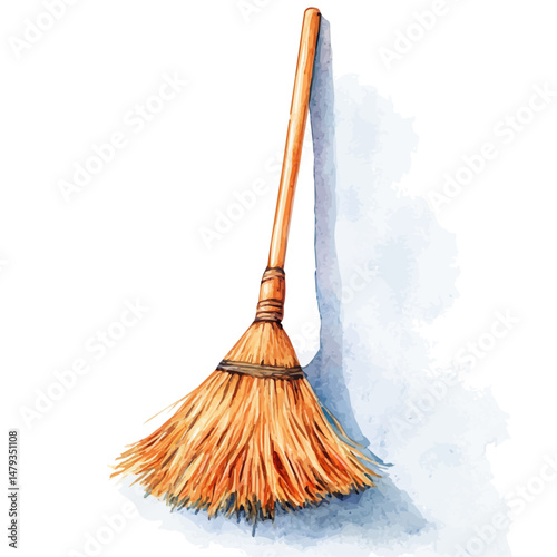 Sweeping Broom, watercolor vector, isolated on a white background.