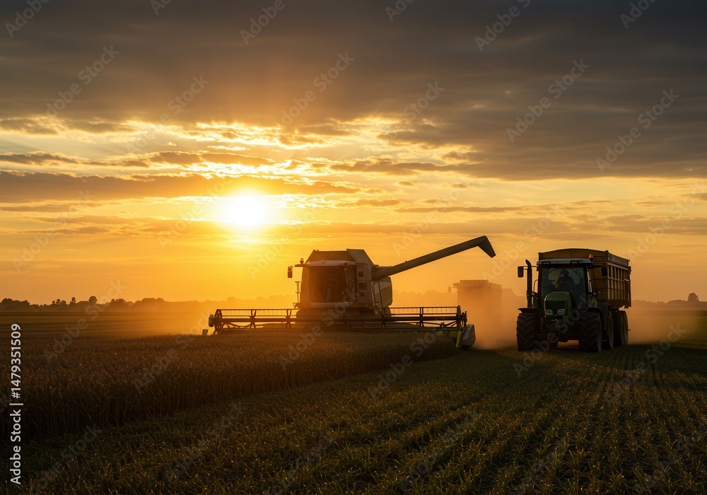 Fototapeta premium Combine and tractor working in a field during a golden sunset, harvesting crops on a farm