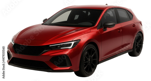 Sleek red compact hatchback car with modern aerodynamic design and black alloy wheels on transparent background.